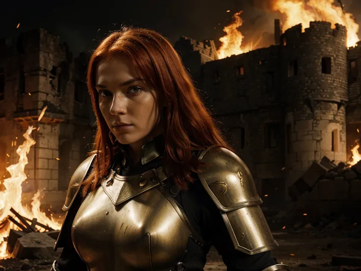 A female warrior with heavy armor, red hair, yellow eyes, a black and red sword, a background of a burning castle and corpses