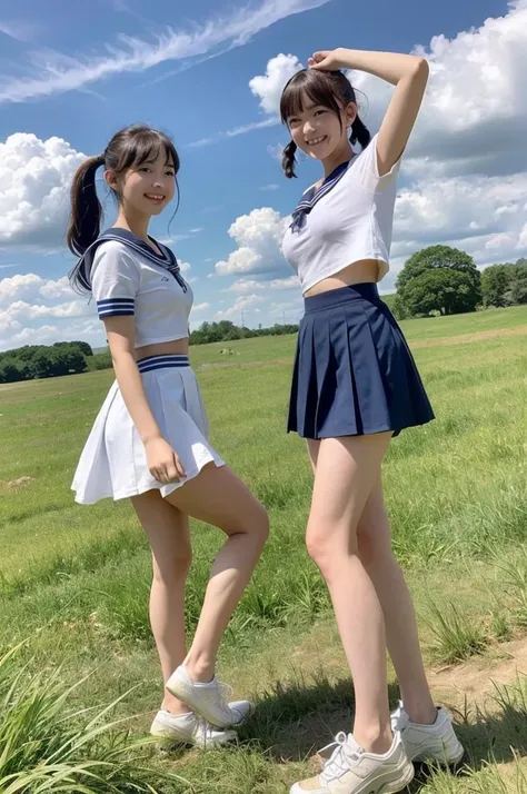 2 girls hopping in rural field,cumulonimbus cloud in summer blue sky,white sailor shirt,flipped up navy blue pleated skirt,white panties,18-year-old,bangs,a little smile,thighs,knees,short hair with low pigtails bunches,from beside,front light