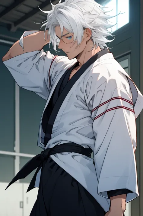 A boy, naughty man, adolescent, white hair, blue colored eyes , posing, in jujutsu school attire, with messy hair
