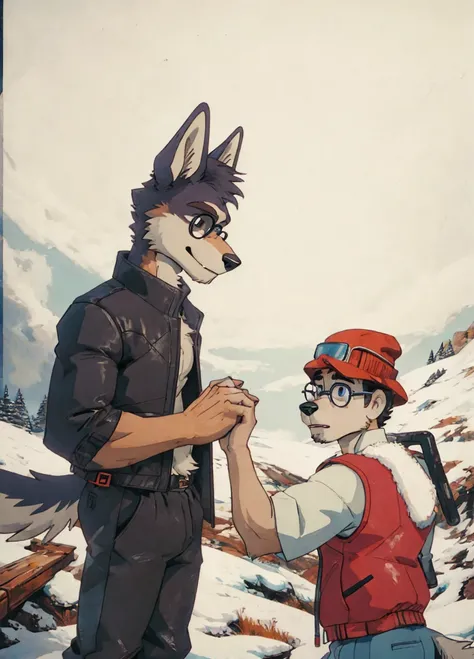 Engrilklenus, husky dog, anthro, arctic, strong, muscular, leather jacket, winter pants, snow boots, tail, white paws, black and white fur, Jamie Wonderson, human being, boy, , skinny, brown t shirt, red vest, brown hat, round glasses, grey sweatpants, hol...