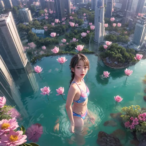 280th floor infinity pool，The tallest building in the urban forest, {Around bonsai|Luo Han Song|coconut palms|tulips|Rose flower}, ExtermlyDetaild(ProfessionlPhoto of Girl floating in the sky:1.37)(Masterpiece 8K TopQuality:1.2), (ExtremelyDetailed KAWAII ...