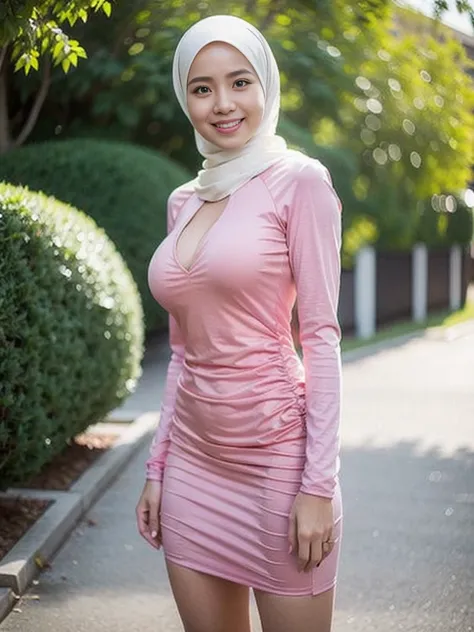 36 years Old, Hijab Indonesian mature woman, school corridor, Slim body, tight long sleeve dress, Breast about To burst out, blur background, bokeh, smiling, elegant, detailed skin, 