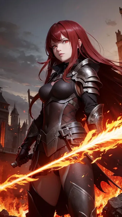 A warrior with dark black armor, red hair, yellow eyes, a black and red sword, a background of a burning castle and corpses.