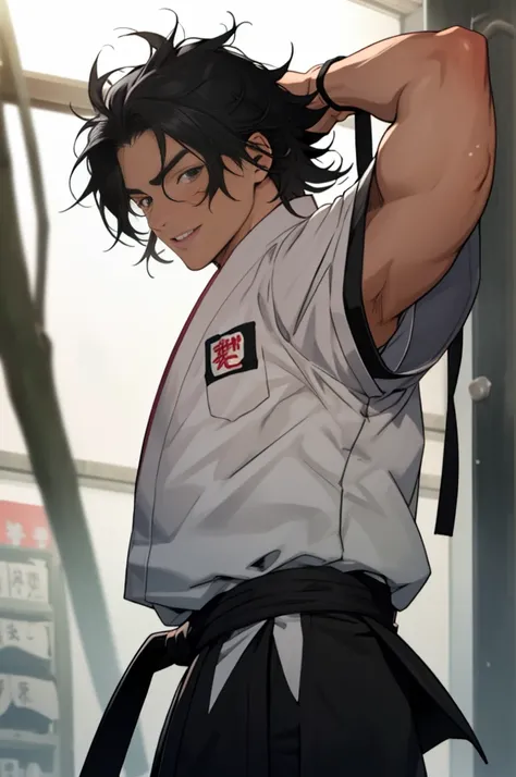 A boy, naughty man, adolescent, black hair, gray eyes, posing, in jujutsu school attire, with messy hair