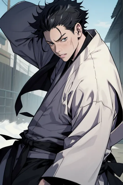 A boy, naughty man, adolescent, black hair, eyes black, posing, in the costume of the jujutsu school of jujutsu kaisen, with messy hair