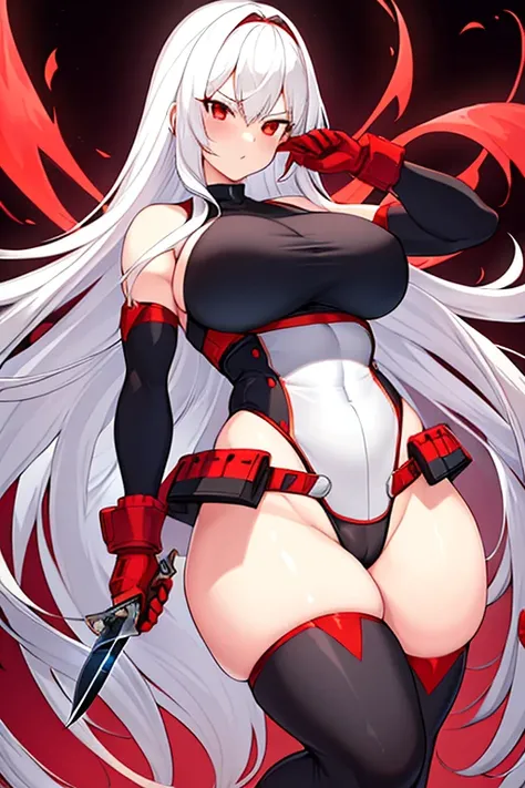 1girl, white hair, long hair, red eyes, serious, glowing eyes, large breasts, thick thighs, mature female, athletic  female, toned, leotard, black leotard, thighhighs, belt, knife, fur trim, fur