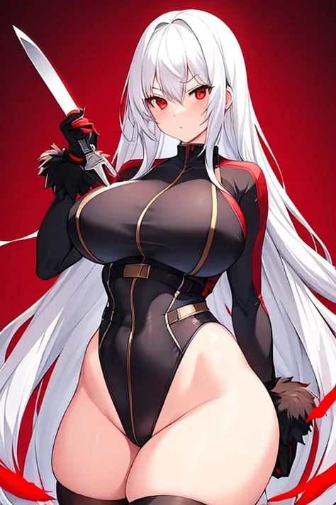 1girl, white hair, long hair, red eyes, serious, glowing eyes, large breasts, thick thighs, mature female, athletic  female, toned, leotard, black leotard, thighhighs, belt, knife, fur trim, fur