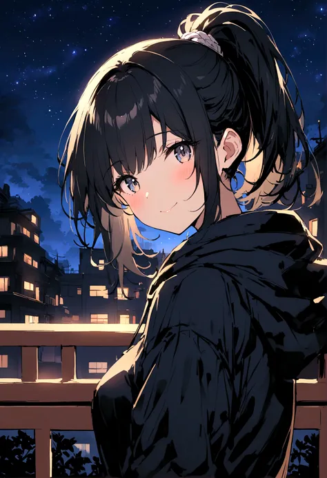 Black hair in a ponytail with blue mesh、Wearing a black hoodie、A girl looking at me and smiling、Beautiful night view