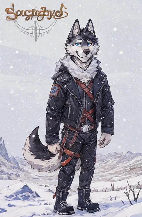 Engrilklenus, husky dog, arctic, strong, muscular, leather jacket, winter pants, snow boots, tail, white paws, black and white fur, star patch