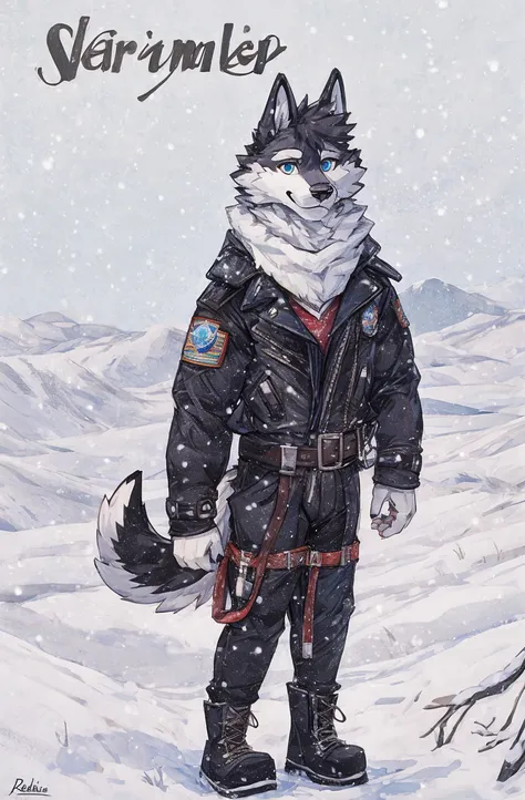 Engrilklenus, husky dog, arctic, strong, muscular, leather jacket, winter pants, snow boots, tail, white paws, black and white fur, star patch