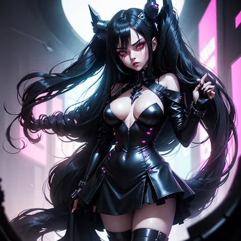  Girl Android demonic gloomy with long black hair woman with sexy hips half cyborg modification Beautiful succubus fur with black demonic eyes stands in full height sideways Anime Style black background Cyberpunk style, black background image of night blac...