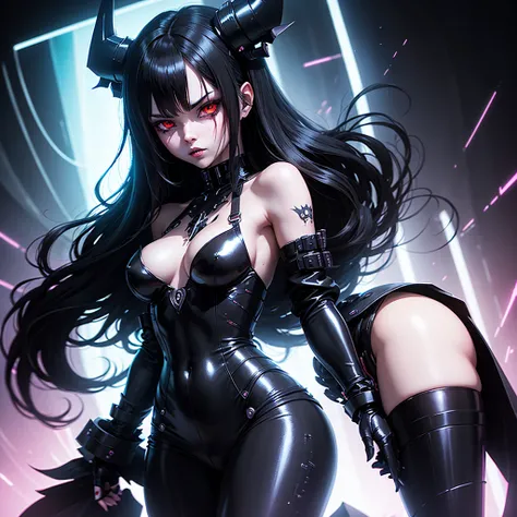  Girl Android demonic gloomy with long black hair woman with sexy hips half cyborg modification Beautiful succubus fur with black demonic eyes stands in full height sideways Anime Style black background Cyberpunk style, black background image of night blac...