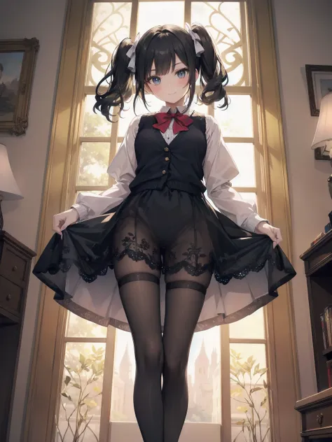 A lavish, photorealistic illustration of Soro, a charming 19th-century maiden, exudes elegance in a masterfully crafted scene. Framed by a ornate, gilded archway, she stands poised, her twintails adorned with sparkling bows, her cardigan vest and short-sle...