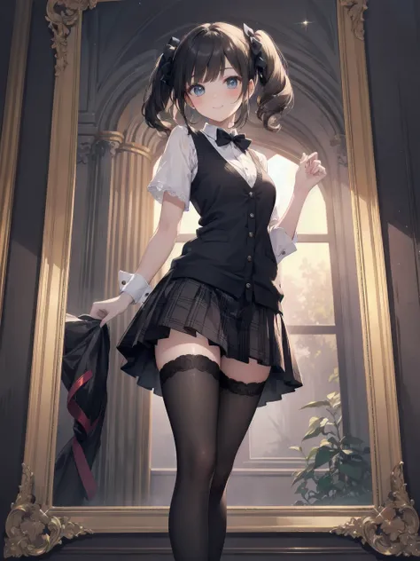 A lavish, photorealistic illustration of Soro, a charming 19th-century maiden, exudes elegance in a masterfully crafted scene. Framed by a ornate, gilded archway, she stands poised, her twintails adorned with sparkling bows, her cardigan vest and short-sle...