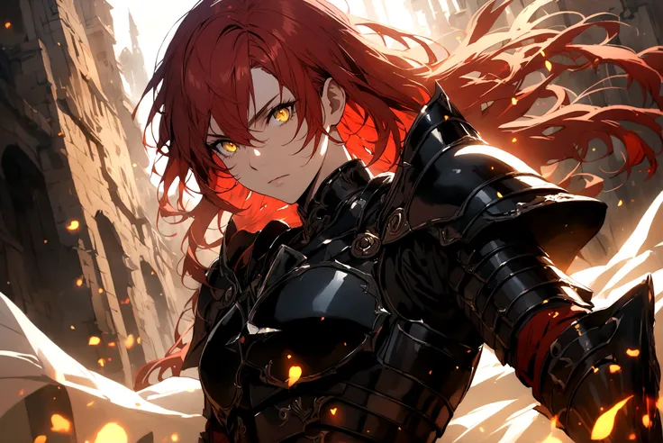 A warrior with dark black armor, red hair, and yellow eyes 