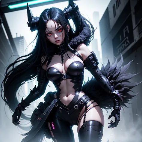 Girl Android demonic gloomy with long black hair woman with sexy hips half cyborg modification Beautiful fur with black demonic eyes stands in full height sideways black eyes Anime Style black background Cyberpunk style, black background image of night bla...