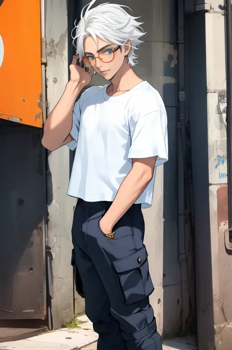 A boy, naughty man, adolescent, white hair, blue colored eyes, posing, wearing cargo pants, a white t-shirt and circular glasses with orange lenses
