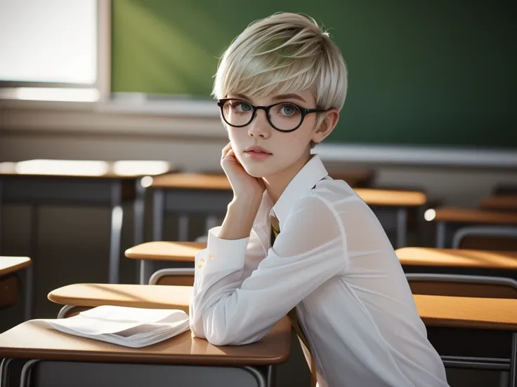 1girl, elegant bearing, small, slender build, short height, narrow shoulders, pale skin dotted by freckles, short platinum blond...