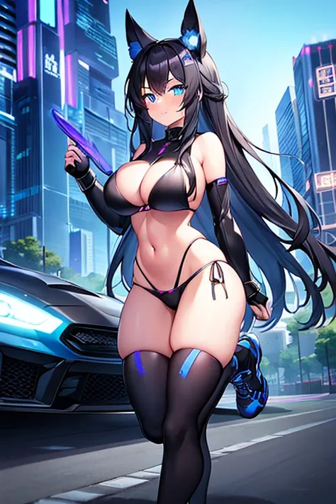 1girl, wide hips, large breasts, wide hips, black hair, long hair, blue eyes, futuristic, machinery, science-fiction, tech, shoes, sneakers, neon trim, bikini, black bikini, black clothes, purple neon trim, full body, light smile, car, sports car, shy, blu...