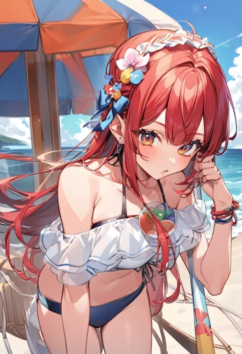 Swimwear、Ocean、Parasol、Swim ring、Red hair、Shortcuts、Straight Hair