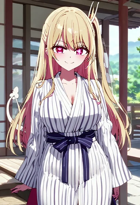 Blonde、A long open-front yukata、Highest quality、high resolution、8K,Highest quality、Star-shaped pupil、The best smile、bangs７３division、long hair、Pink Eyes、Side Tail、Cowboy Shot、One person