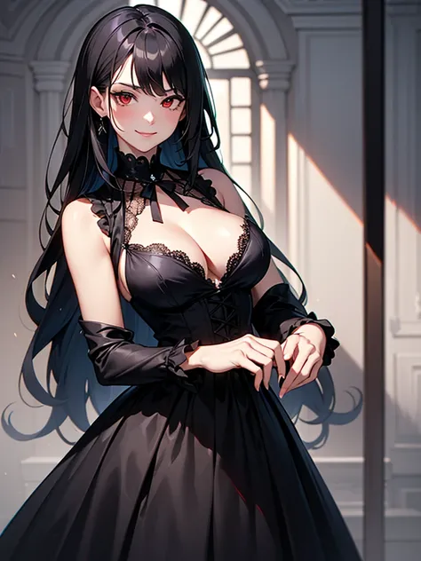 black hair, (solo), (victorian dress), (smirk), red eyes, pale skin, (pale), dark aura, fiendish aura, indoors, large breasts