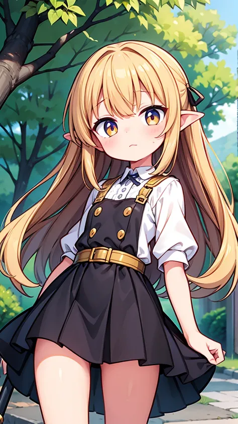 Masterpiece, Best Quality, high resolution, (loli), girl, goblin, small busts, worn brown tunic, has a spear, shy face, he is afraid, is in the forest, she has golden eyes