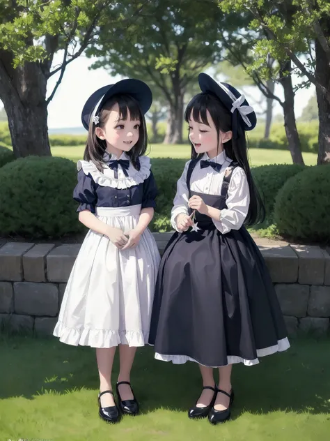 A serene outdoor scene unfolds at dusk, with a brilliant blue sky transitioning into a canvas of twinkling stars. A beautiful young girl, dressed in a stunning white and black gothic maid dress adorned with a navy blue ribbon, stands amidst lush green gras...