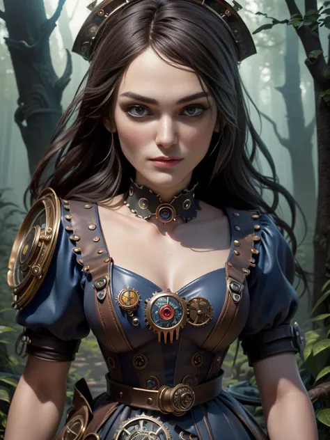 photo of Keira Knightley, RAW, beautiful woman, ((portrait)), ((detailed face:1.2)), ((detailed facial feature, detailed skin, clear skin), (perfect proportioned body), ((wearing a revealing American McGees Alice in Wonderland steampunk dress)), (high deta...