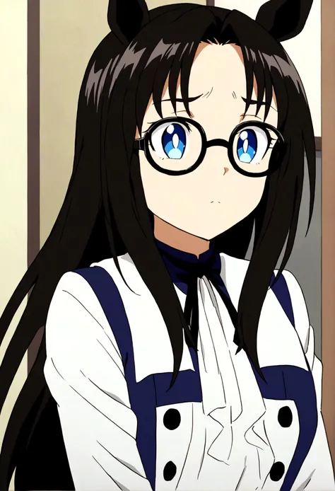 Anime girl with long black hair and blue eyes　Anime Moe Art Style　Gothic maiden anime girl　Ghostly eyes and dark hair　17－Year old anime girl　Horse Girl　Horse ears　Glasses　Training Centre Uniform