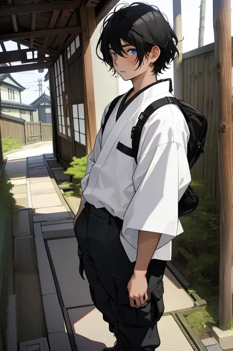 a boy, adolescent, blackquality hair, eyes black, wearing cargo pants, white undershirt, white-skinned, in Japan