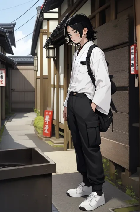 a boy, adolescent, blackquality hair, eyes black, wearing cargo pants, white undershirt, white-skinned, in Japan