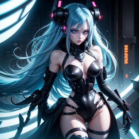 Girl Android demonic gloomy with long blue hair woman with sexy hips half cyborg modification Beautiful fur blue eyes stands in full growth Anime Style black background Cyberpunk style, black background image of night black city and blue neon lights fluore...