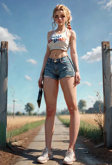 a freckled curvy strong farm tween. she is wearing a jean jack, crop top, and ripped jean shorts, she is beautiful with low mess...