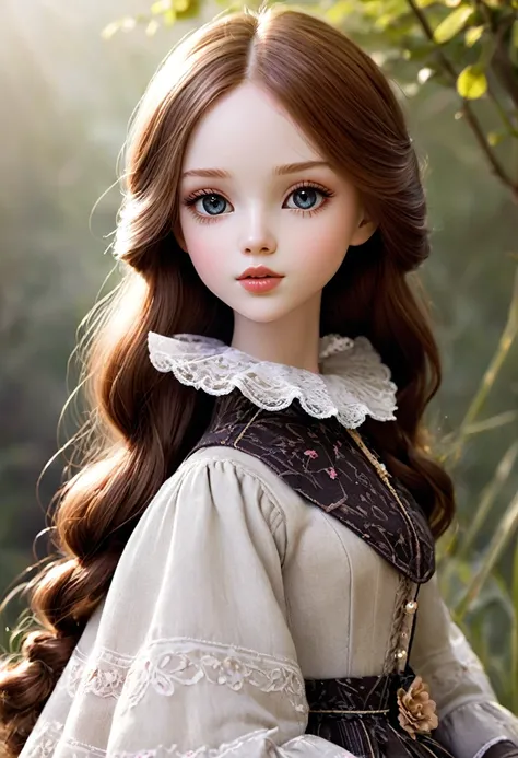 Create an illustration of a girl with a Western doll-like appearance. She should have features reminiscent of a porcelain doll, with smooth, fair skin and delicate facial features. Her eyes can be big and expressive, framed by long lashes. The lips should ...