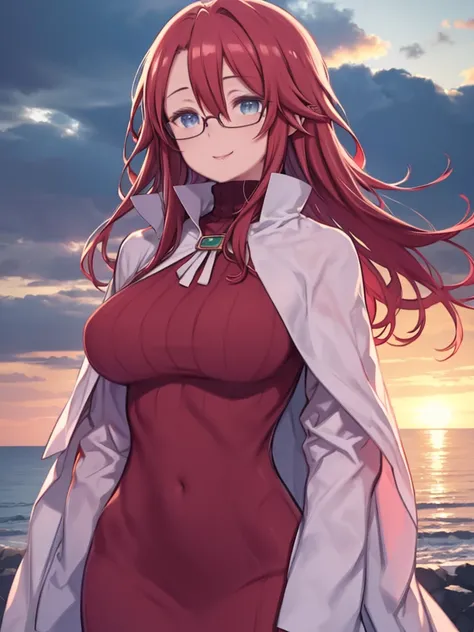 One Mature Woman、Sandy Beach、Standing with the sunset behind me、Big Breasts、Smiling、Upper Body、Red Hair、long hair、Hair between the eyes、Blue Eyes、Red color turtleneck sweater、Lip sweater、Cape、Glasses、Leaning body、Watching the audience、sunset、Magic Hour、