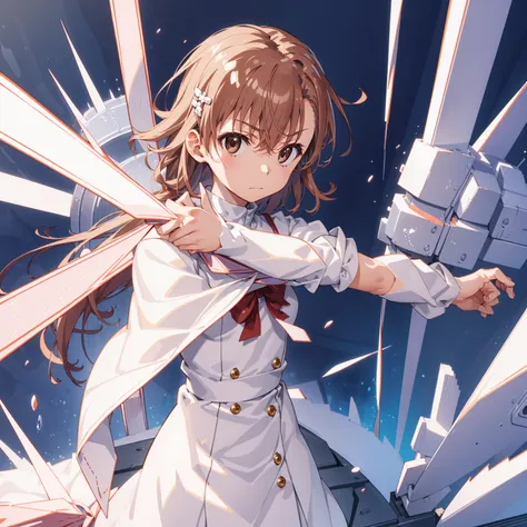 (((pixel-perfect, detail-perfect))), solo, 1girl, misaka mikoto, tokiwadai , bow, looking at viewer, crossed arms, closed mouth,...