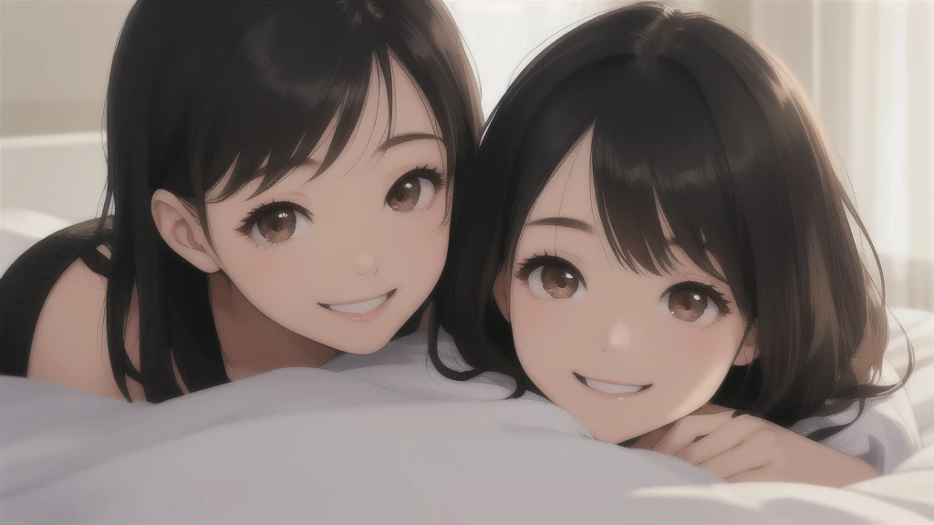 woman、One person、On the bed、Black knit、Looking up、Brown eyes、Black Hair、smile、front、Upper body close-up