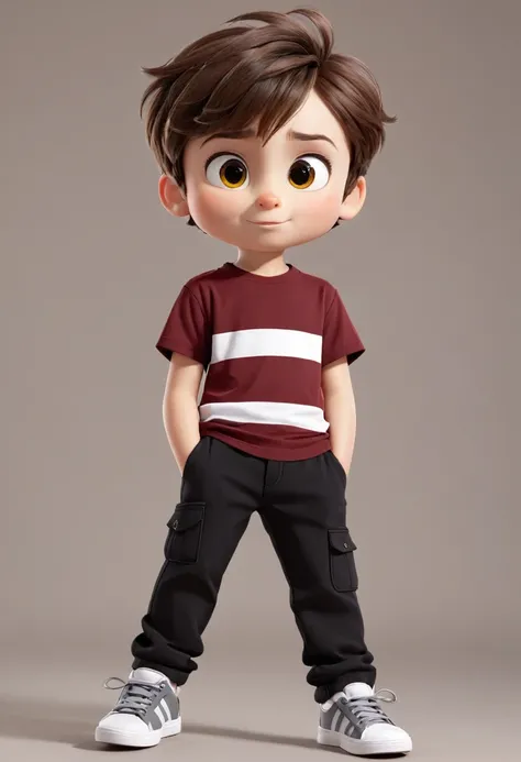 a Little boy 12 years with brown hair He wears a dark red t-shirt with white stripes, black pants and gray shoes