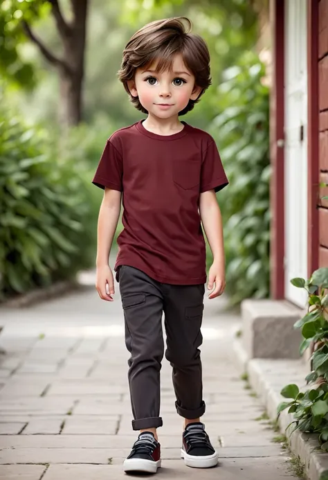 a Little boy 12 years with brown hair He wears a dark red t-shirt with white stripes, black pants and gray shoes