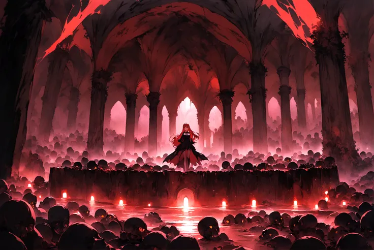 Red-haired girl, Yellow eyes, And black clothes in a palace in the middle of a dense forest surrounded by a river of corpses