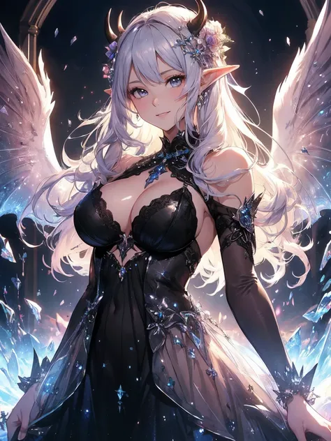 最高quality、1 woman elf、Succubus、、beautiful瞳、beautiful装飾のdress、Devil decoration on head、Ice Sword、最高quality , fractal art.Ice Throne、Ice Palace、Bikini Armor、ロングスmosquitoートドレス　((smile、))((see-through  dress　))SMqueen、Orgasm、Ecstasy、Devils World、ice World、Bigg...