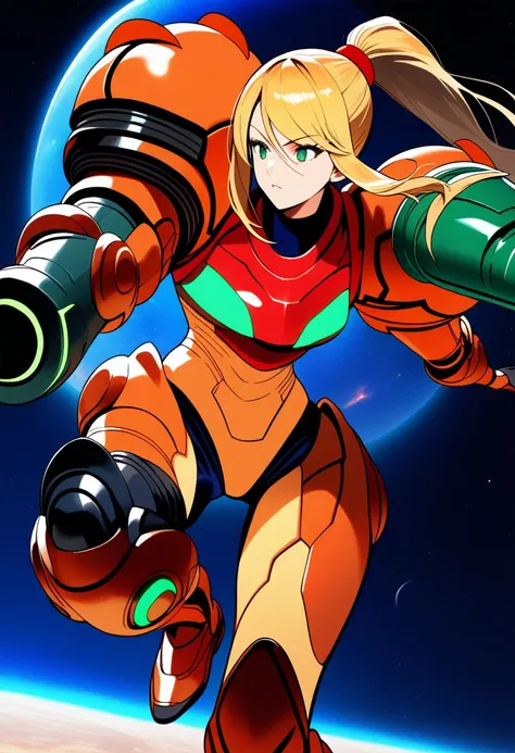 (best quality),female, long hair, ponytail, bangs, power suit(metroid),arm cannon,full armor,space background,ultra-detailed,sha...