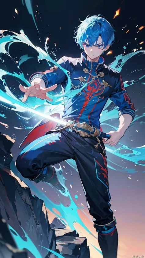 1 boys with vibrant blue hair, swinging fiery sword, glowing blue eyes, wearing blue jacket, black shirt, white sneakers, angry expression, dramatic background of fire and ice, cinematic lighting, detailed facial features and anatomy, (best quality,4k,8k,h...