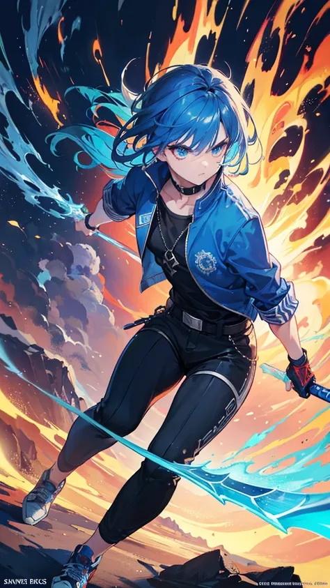 1 boys with vibrant blue hair, swinging fiery sword, glowing blue eyes, wearing blue jacket, black shirt, white sneakers, angry expression, dramatic background of fire and ice, cinematic lighting, detailed facial features and anatomy, (best quality,4k,8k,h...