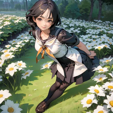 (Highest quality, High resolution, Super detailed, Realistic:1.37), Peaceful atmosphere, (Outdoor, garden), Teenage girl standing alone,(my breasts are big.),Beautifully detailed features, Cute Smile, ((Black bob hair)),Short-sleeved sailor uniform, Pleate...