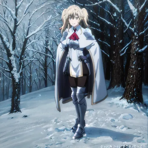 GoblinSlayer, NobleFencer, solo, girl1, looking at viewer, smile, long sleeves, brown eyes, long white cape, armor, shoulder armor, portrait, red ascot, brown gloves, snow, room, standing, full body view 