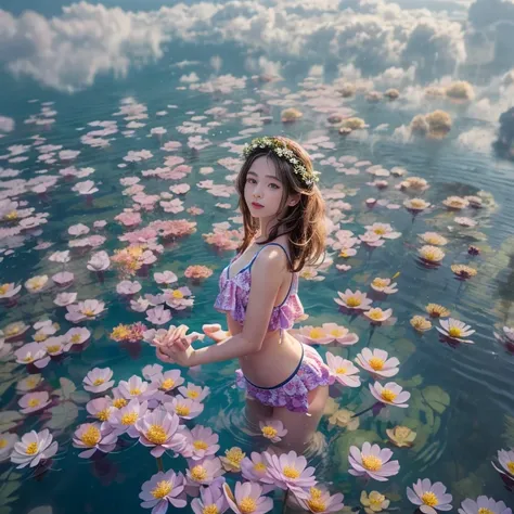 ExtremelyDetailed(ProfessionalPhoto of Girl Floating in the Sky:1.37), 280th floor infinity pool，The tallest building in the urban forest, {Around bonsai|Luo Han Song|coconut palms|tulips|Rose flower}, (Masterpiece 8K TopQuality:1.2),  (ExtremelyDetailed K...