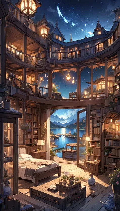 room with large bookcase, lots of detailed objects, large open terrace, beautiful views of a lake with many dreamlike houses, magic, fantastic, night sky
