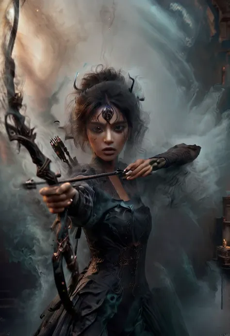 Action shot of beautiful aiming a black bow weapon, (smoke:1.5), bow and arrow, aiming at viewer, girl made up of black smoke, (partially concealed), african woman, dark skin, smoke on the water, covered by smoke, emerging from the shadows, bright eyes, gl...